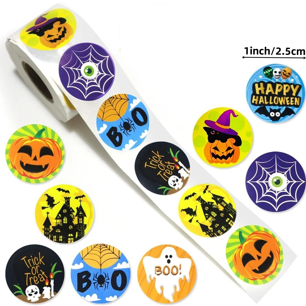 100-500 Stück Halloween-Rollaufkleber, runde Kürbis-, Geister-, Spinnen- und Boo-Motive, selbstklebende Etiketten für Kinderparty-Geschenke im Klassenzimmer – Detail 1