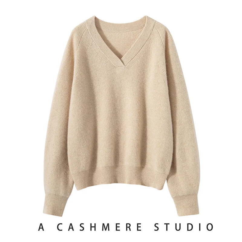 Shoulder Inserted V-Neck Goat Cashmere Sweater Women's AutumnWinter High-Quality Luxury Loose Fitting Pullover Top Knit Jumper