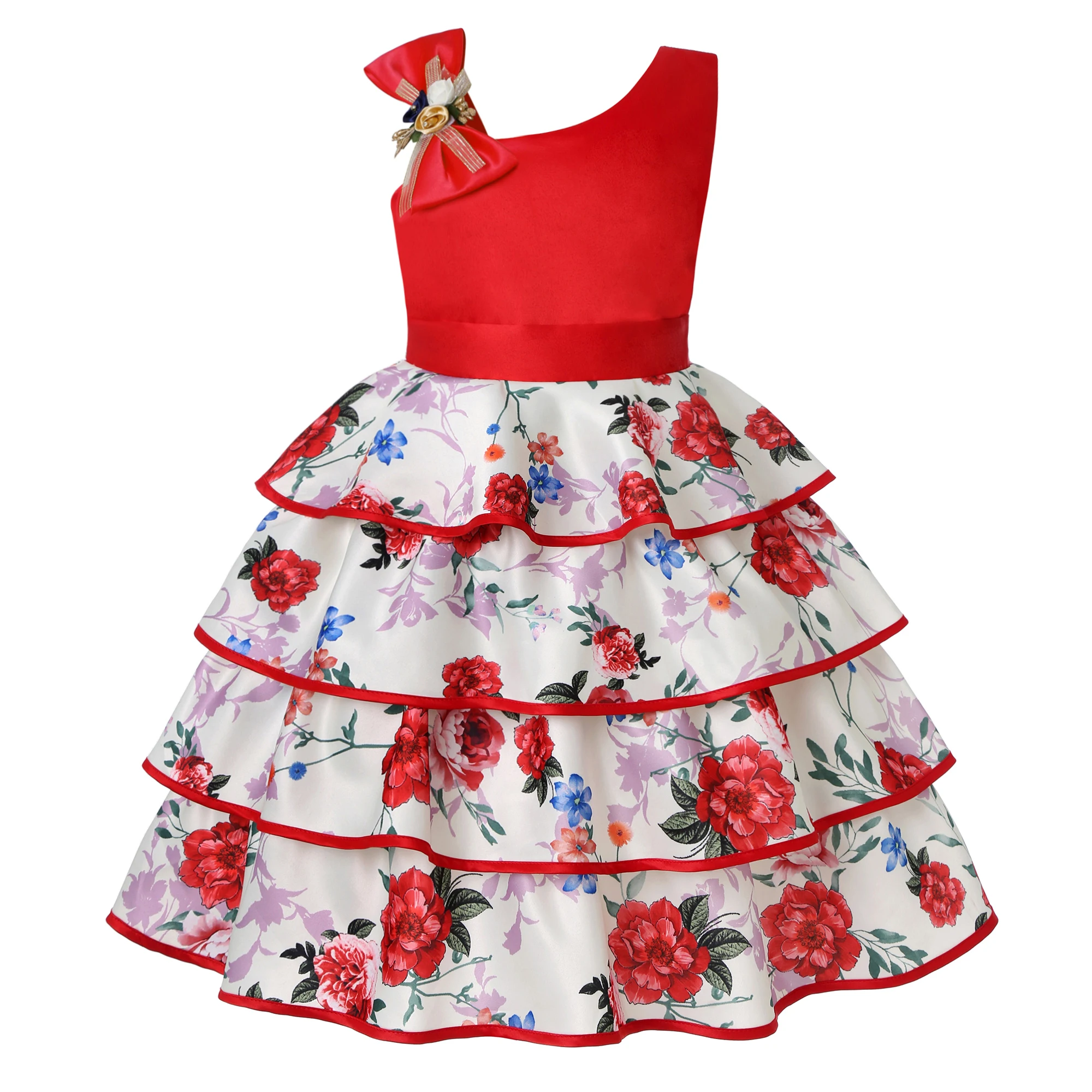 Girls' asymmetrical shoulder bow tie cake dress, formal dress, printed ladies' birthday party outfit