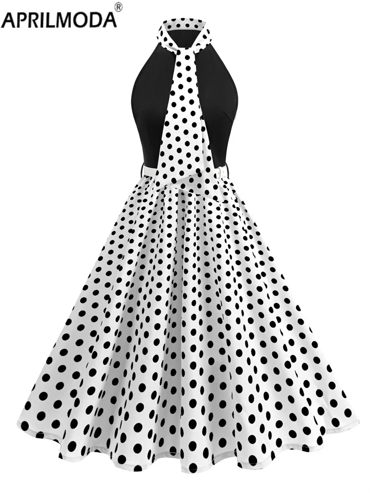 가을 봄 빈티지 패치워크 빅 스윙 A라인 캐주얼 드레스 50년대 슬리브리스 홀터 폴카 도트 프린트 보우 넥 오피스 파티 드레스