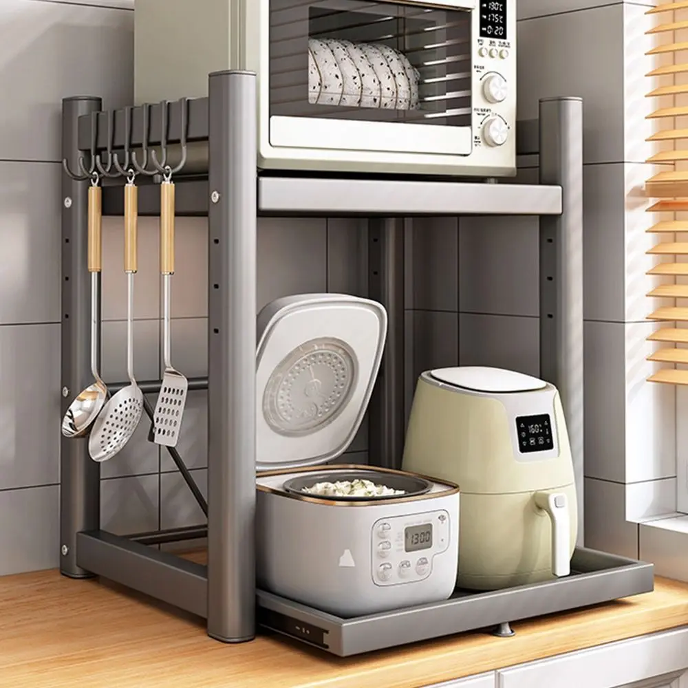 

Новая выдвижная полка для хранения микроволновой печи из углеродистой стали, белый, серый органайзер для столешницы, 2-слойная полка для хранения фритюрницы