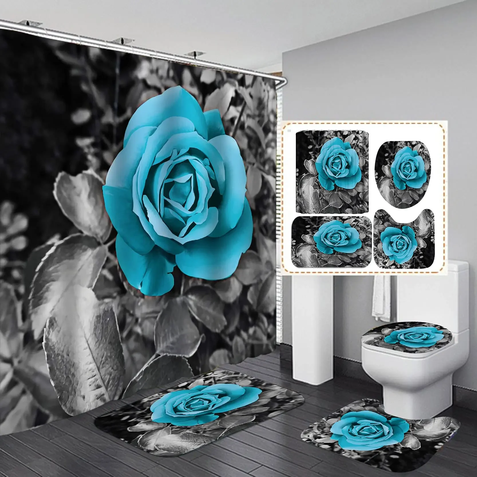 

Голубая роза с цветами, водонепроницаемый комплект занавесок для душа в ванной, полиэстер, чехол на сиденье унитаза, нескользящий коврик для ванной, ковер, домашний декор
