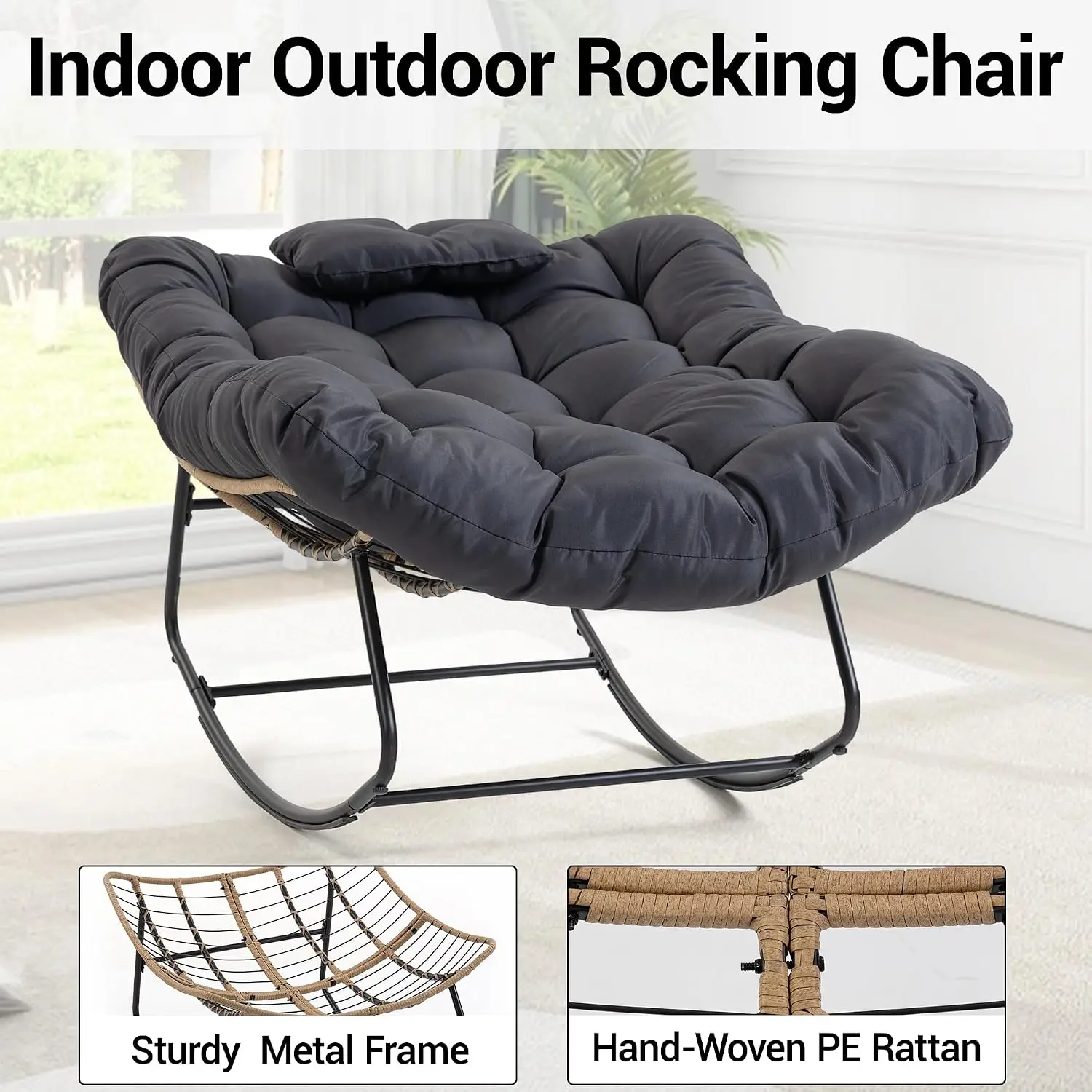Set of 2 Upholstered Rocking Chair, Oversized Wicker Egg Rocker with Thick Cushion and Head Pillow, Modern High Back Armchair - view 5