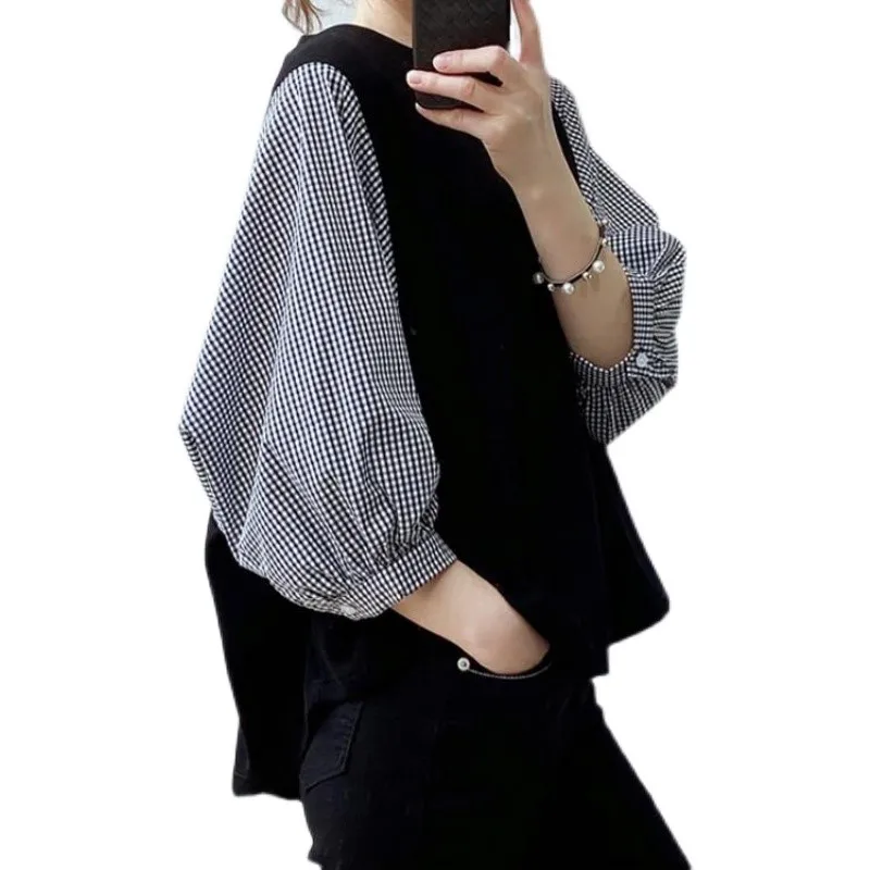 Loose Oversized T-irt with Button Plaid Patchwork Design round Ne ort Sve Summer Top for Women Commute Sle