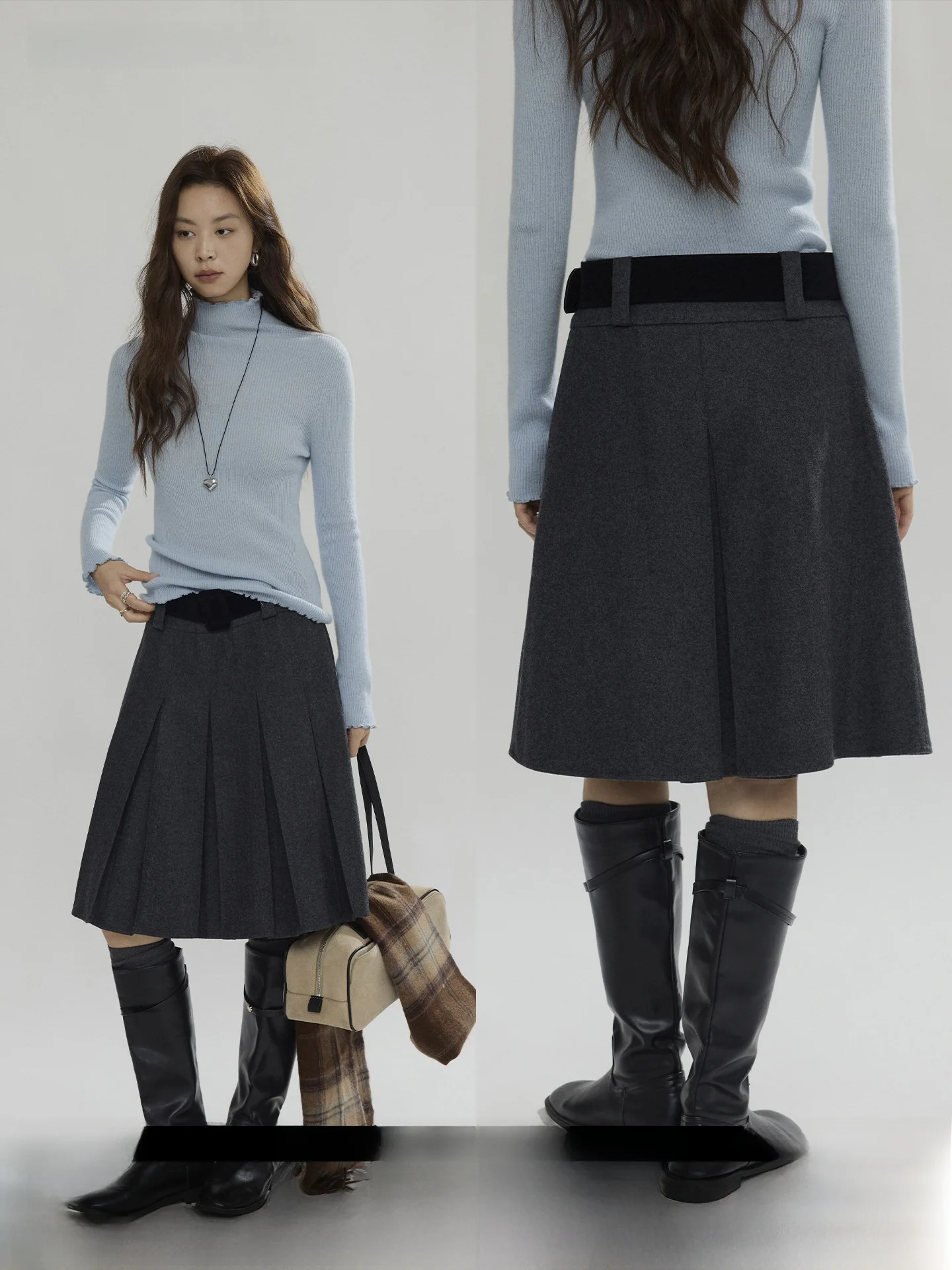 

Joli Choose50 Woolen Tweed Skirt Women's Autumn Winter Korean Sle Simple Casual Pleated Skirt High Waist A-Line