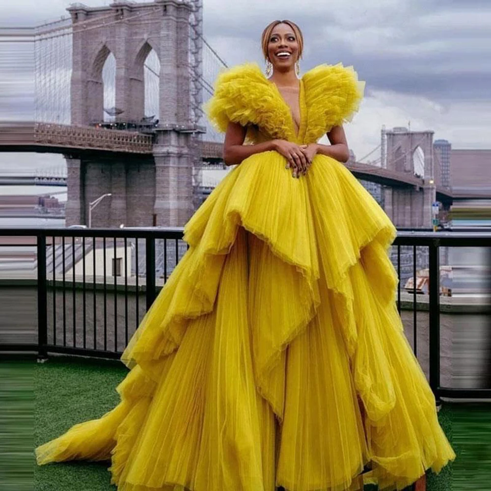 Vestidos De Noche De tul con escote en V profundo De cúrcuma Vintage, Vestidos De novia con volantes De tren, Fiesta De graduación formales para Vestidos De novia, Vestidos escalonados