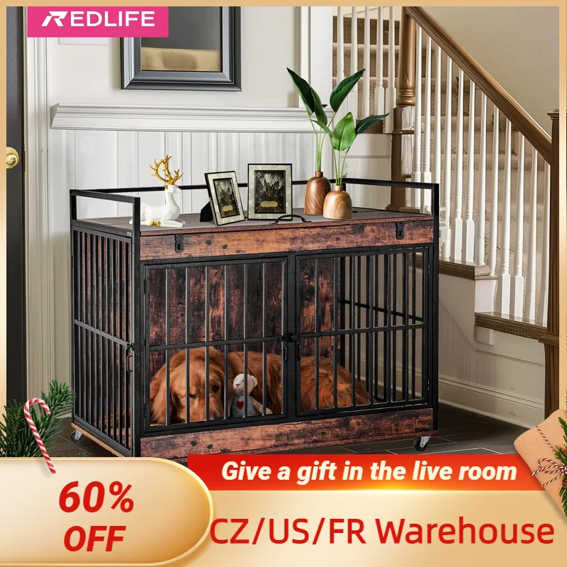 Redlife-Dog Crate Furniture End Table, Dog Kennel, Indoor Heavy Duty Dog House w/ Wheels, Feeder Bowl, Flip Top, 43.7x30x37.8 in