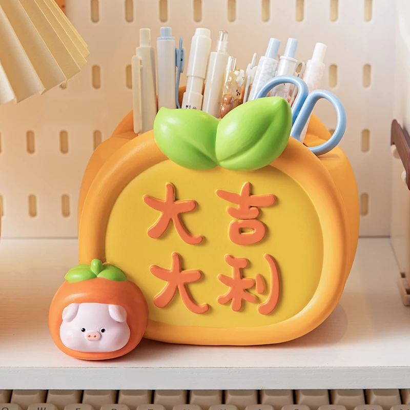 Cute Persimmon Pig Desk Pen Holder, Multi Compartment Desktop Storage Organizer, Good Fortune Collectible Tabletop Decor Ornamen