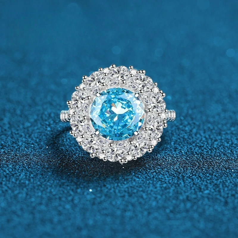 

PT950 Platinum Artificially Cultivated Gemstone Redion Cut Gold Yellow Pink Sea Blue Treasure Women's Ring Ice Flower Cut