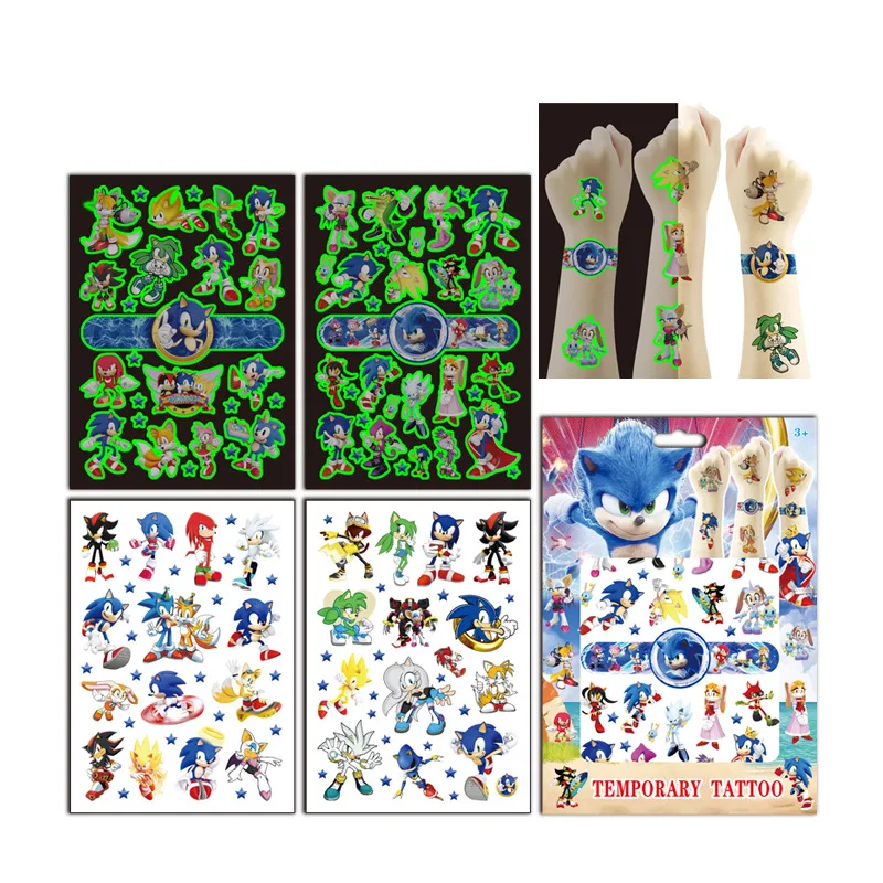 4 fogli/set nottilucente e tatuaggio ordinario adesivi sonici impermeabile carino adesivo divertente cartone animato bambini regali di compleanno ricompensa giocattolo