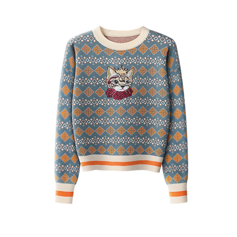 

Argyle Embroidery Cartoon Cat Knitted Sweater Pullover Women Long Sleeve Tops O-neck Jumper Fall Winter Vintage Chic Knitwear