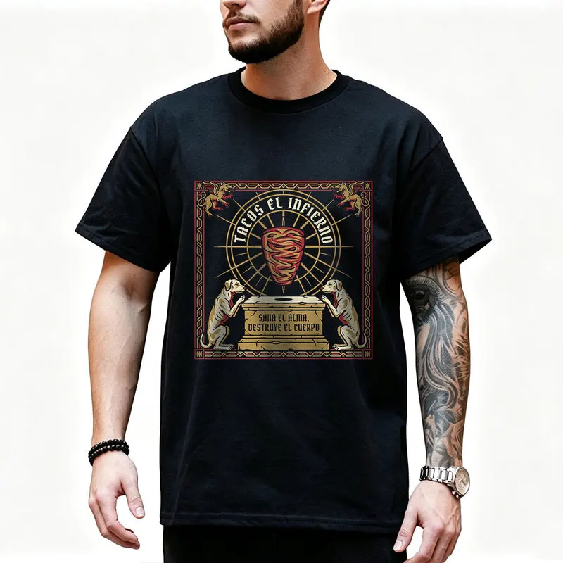 Dogs praying to meat cone Graphic T Shirt 0912 Retro Dark Humor Mexican Culture Halloween Alternative Art Tee