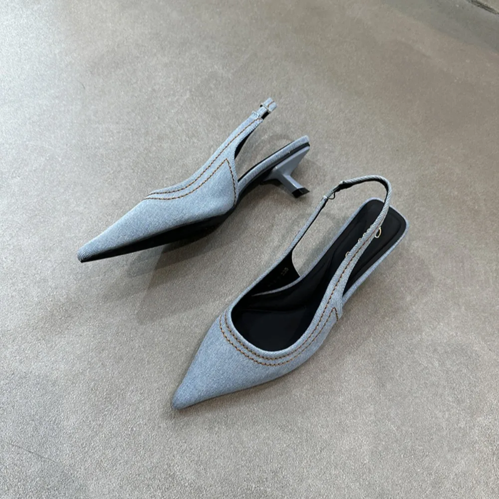 Sandals for Women 2026 Summer Denim Toe Caps High Heels Slim Heels Pointed Toes Empty Sandals Women's Single Shoes Luxury Shoes