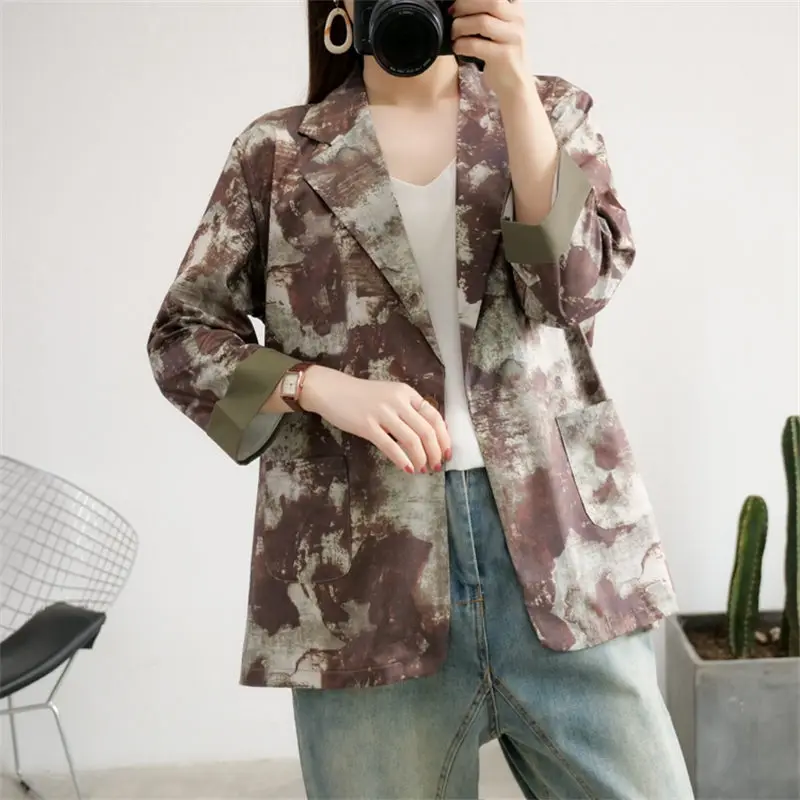 

2023 Spring/Summer New Camo Leopard Print Blazer Women Shirt Jacket Loose Size Women's Casual Tops 3/4 Sleeve Suit Coat Z1029