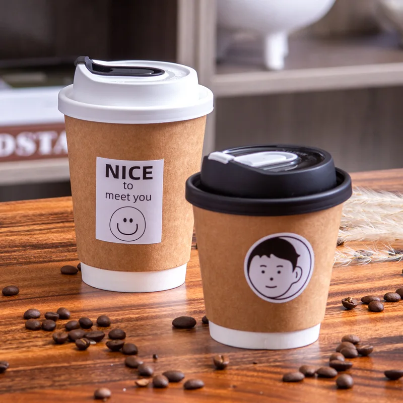 Double-Layered Kraft Paper Cup Disposable Coffee Cup with Lid for Commercial Use Milk Tea Cup Takeout Packaging Cup Hot Drink...