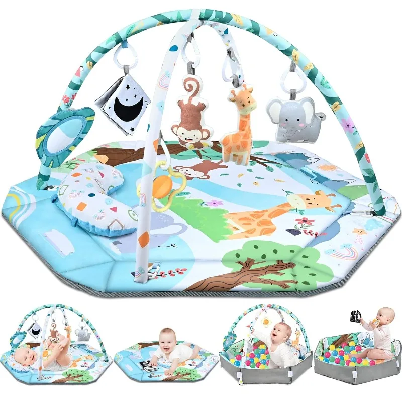 Baby Gym Play Mat, 8-in-1 Tummy Time Mat & Ball Pit with 6 Toys, Washable Baby Activity Play Mat for Visual, Hearing, Sensory