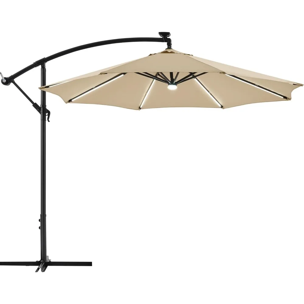 

10-футовый светодиодный зонт для патио на солнечной энергии, уличный консольный зонт, защита от ультрафиолета и ветрозащита, смещенный подвесной солнцезащитный козырек с полосой