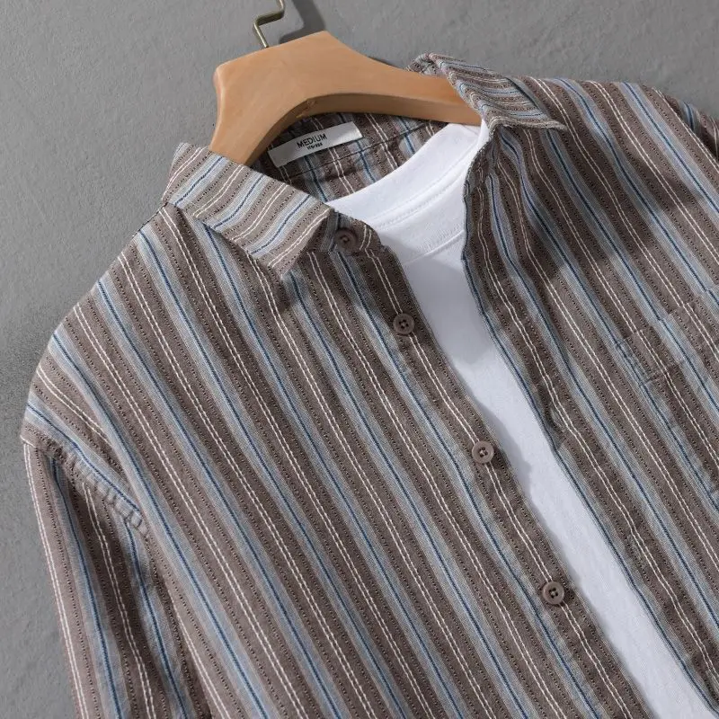 Japanese Fresh and Retro Men Long-sleeved Striped Shirt in Autumn New Style and Versatile Loose and Comfortable Jacket