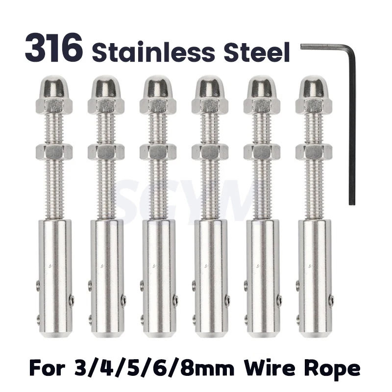 6pcs Handscrew Clamp 316 Stainless Steel Wire Rope 3/4/5/6/8mm Threaded Stud Tension End Fitting Hexagon Screw for Stair Post