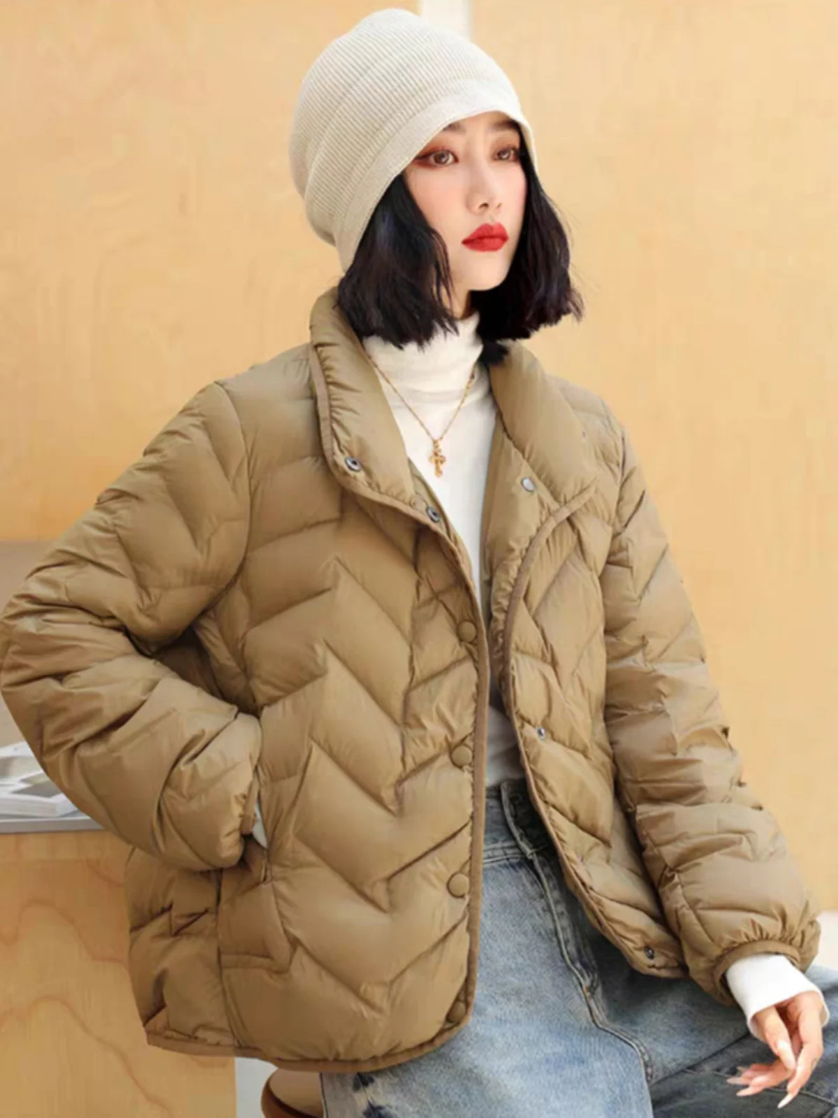 

Lightweight Single-Button White Du down Jaet Women's A-Line Slimming Soft Warm Korean Sle Commute Windbreaker