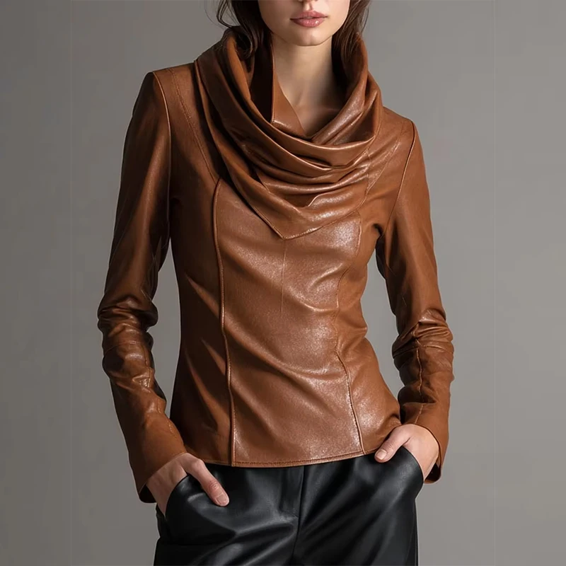 

Women's PU Leather Blouse Autumn Cowl Neck Long Sleeve T-Shirt Streetwear Top Stylish Slim Faux Leather Chic Blouse Tops