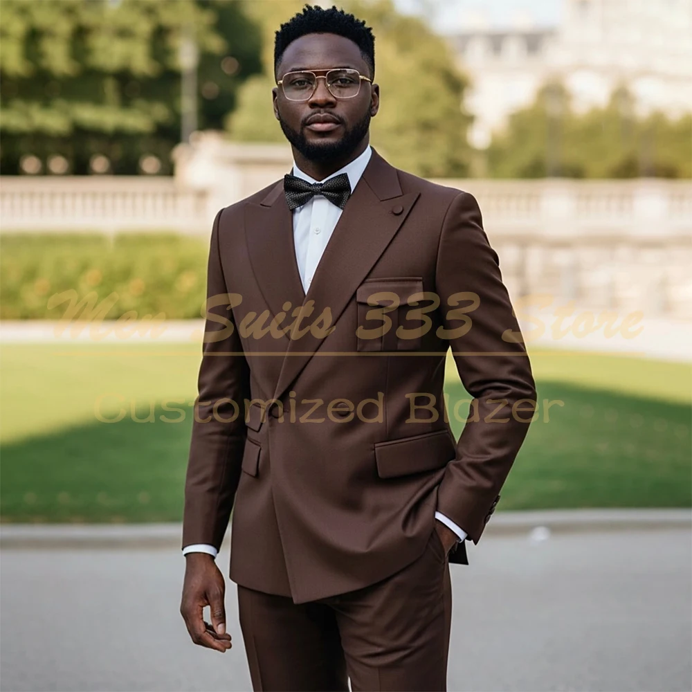 

One-Button Men's Suits Fashion Peak Lapel Brown Blazer High Quality Customized 2 Piece Jacket Pants Regular Fit Clothing 2026