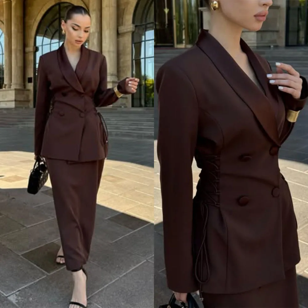 

High Quality Customized Ankle Length Full Sleeves V-neck Brown Button Women Vestido De Festa De Casamento فساتين حفلات Dresses