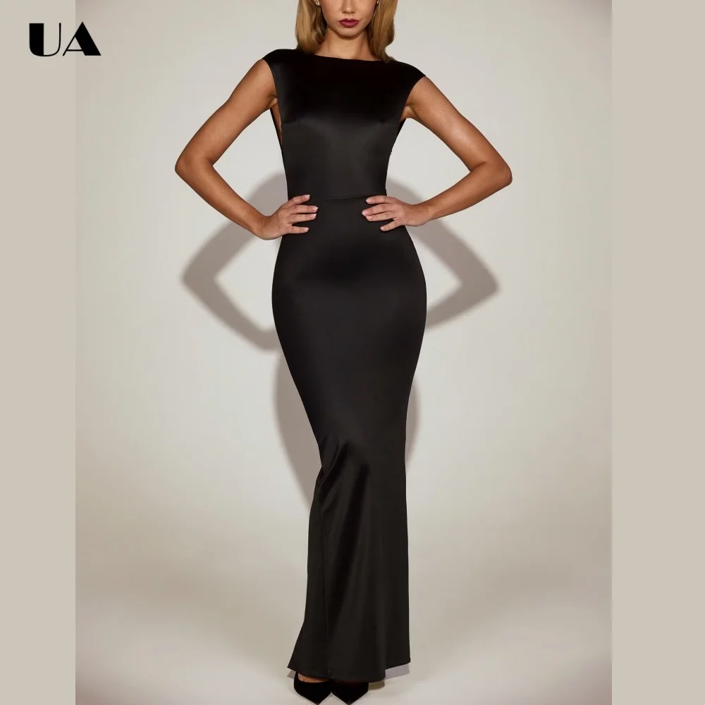 

ULBYANRY Sexy Slim Fit Backless Prom Dress for Woman, Trendy Satin Slit Evening Dress, Customized Solid Sleeveless Party Dress
