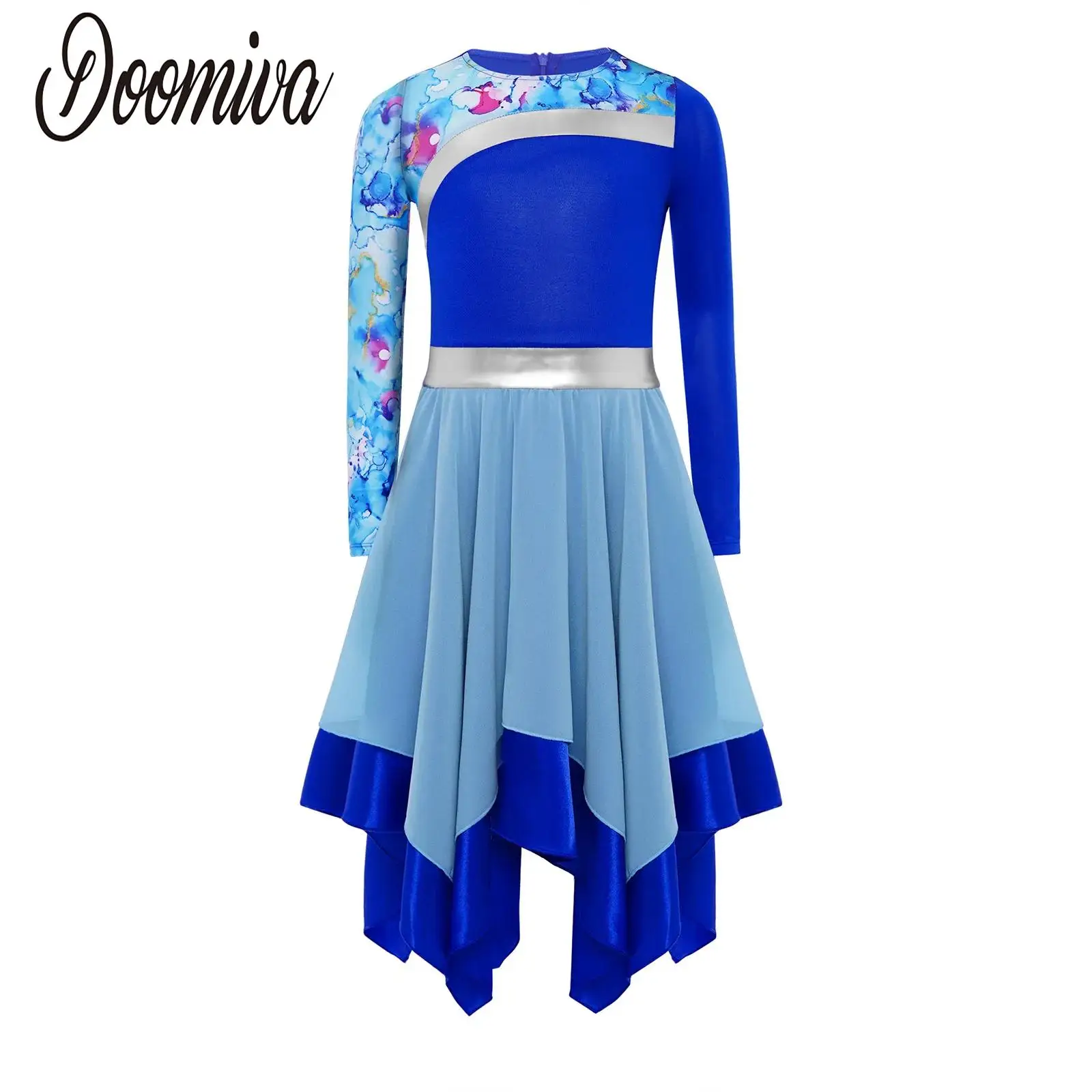 

Kids Girls Lyrical Christian Dance Long Dress Long Sleeve Irregular Hem Tunic Dress Robe Waltz Ballroom Praise Dance Costume