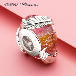 ATHENAIE Genuine Murano Glass Charm Bead with 925 Sterling Silver Core,Feather Pink Color,fits European Bracelet Gift for Women