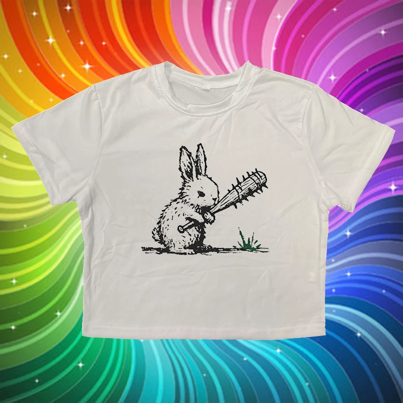 Harajuku Estetica Y2k Punk T-shirt Streetwear Moda Slim Manica corta Baby Tee Gotico Creativo Modello di coniglio Stampa Crop Top