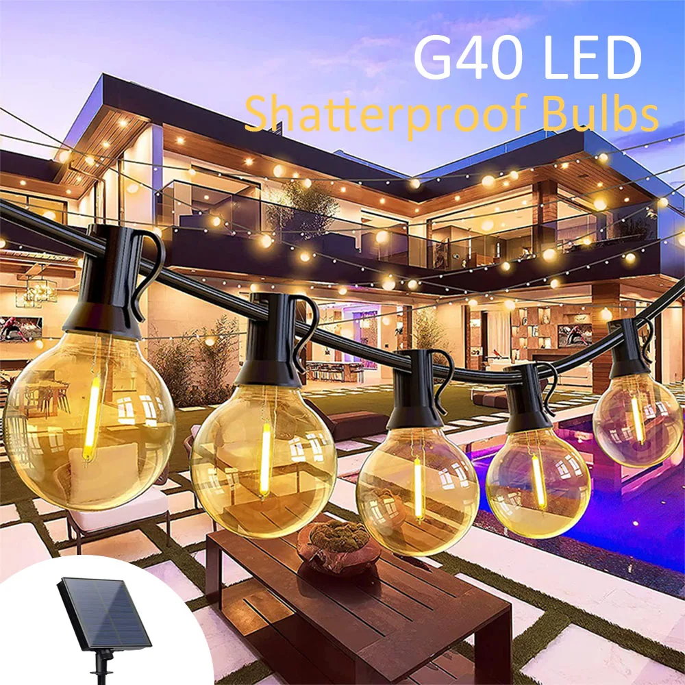 Outdoor 40LED G40 Bulbs Wedding Camping Decor Lamp Solar Power String Lights Garlands Fairy Lighting For Party Garden Christmas