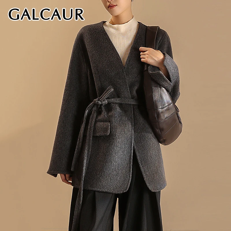 

GALCAUR Casual Spliced Pockets Coat For Women V Neck Long Sleeve Patchwork Lace Up Fashionable Jacket Female Autumn Clothes New