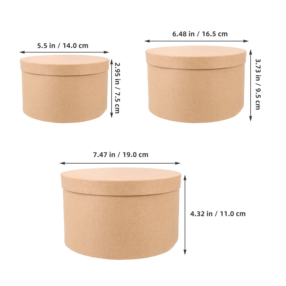 3Pcs Kraft Paper Cake Boxes Round Cardboard Box with Lid Rustic Brown Color Recyclable Packaging for Cakes Cookies Party