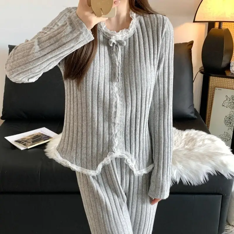 2026 Women Autumn Winter New Fashion Loose Round Neck with Chest Mat Sleepwear Long Sleeve Pants Sweet Lace Cute Home Clothesset