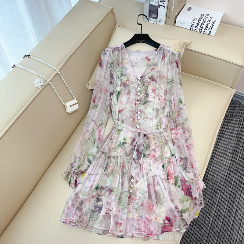 Vacation Style Romantic Rose Print Dress 2024 Summer NewWaist-Controlled Slimming High Sense Floral Skirt