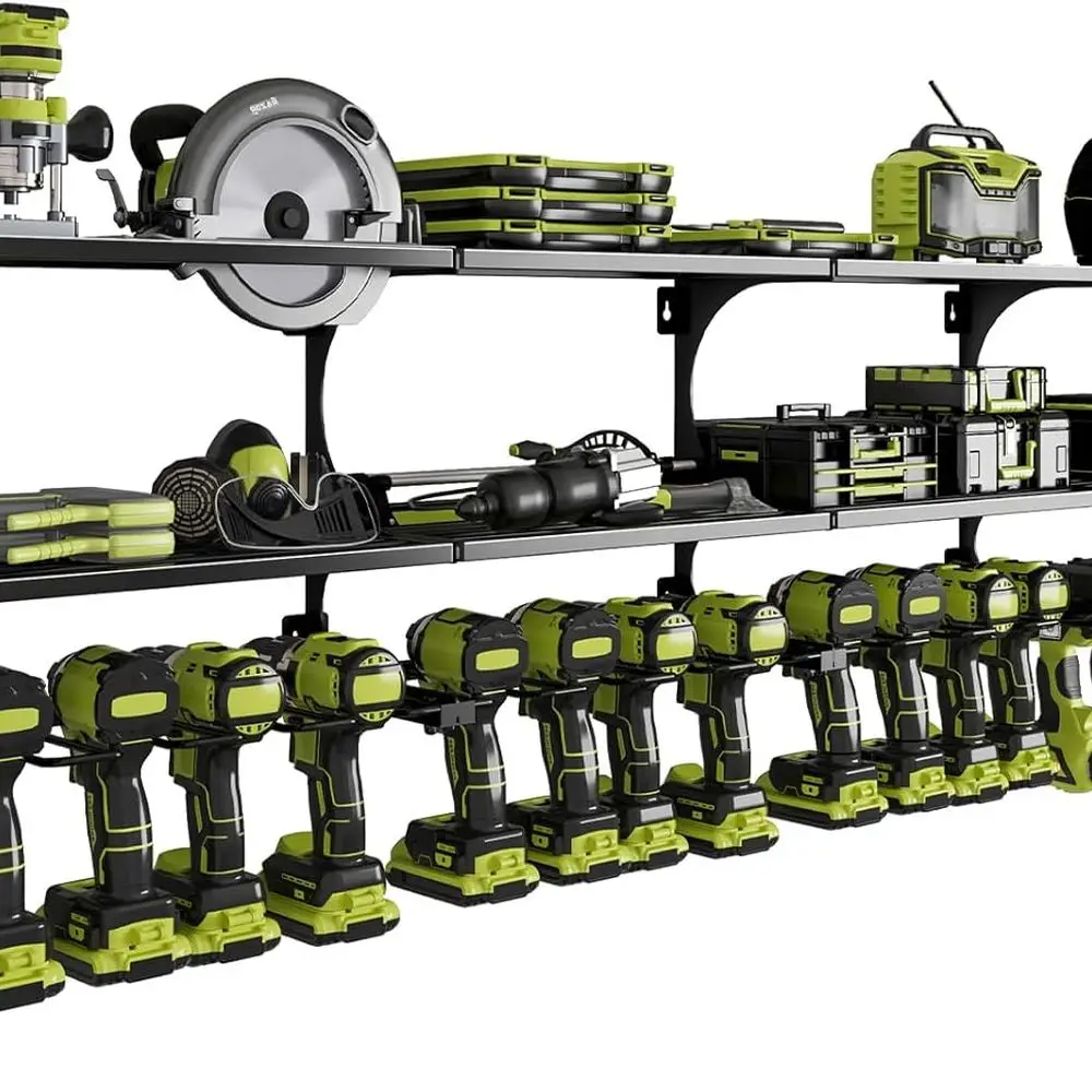 Power Tool Organizer Wall Mount, 16 Slots, 3-Tier Drill & Cordless Tool Storage Holder with Pegboard Sides, Tool Wall Organizer