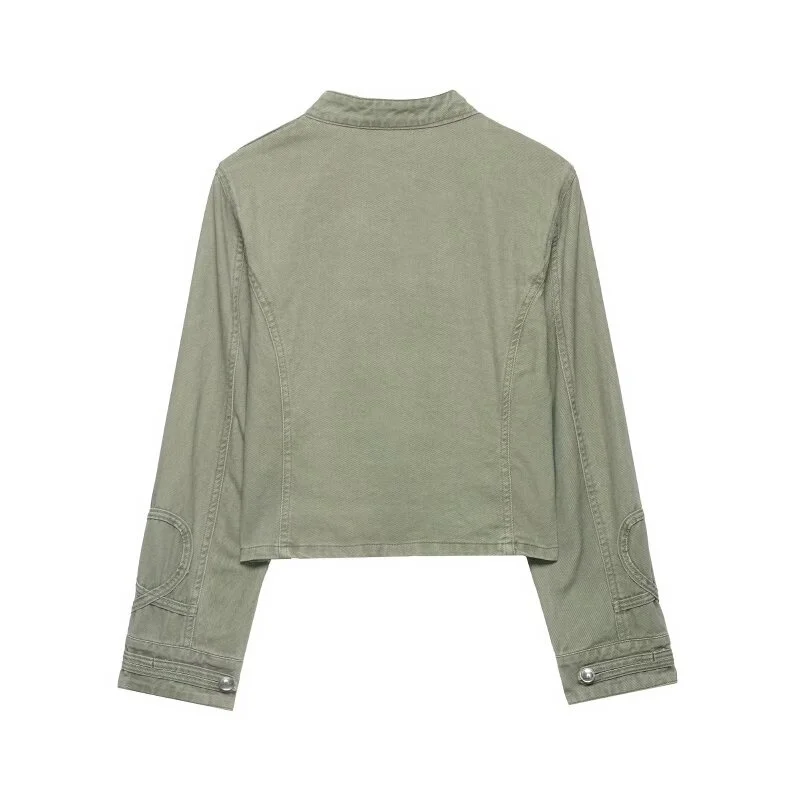 2026 Spring New Women's Army Green Military Jacket Stand Collar Double Breasted Short Slim Fit Denim Coat Casual Streetwear