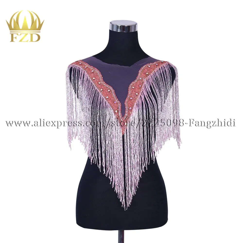 

FZD 1 set front and back design Hot sale Light Pink Crystal Stone Patches white beads for Wedding Dress, DIY Decorative Clothes