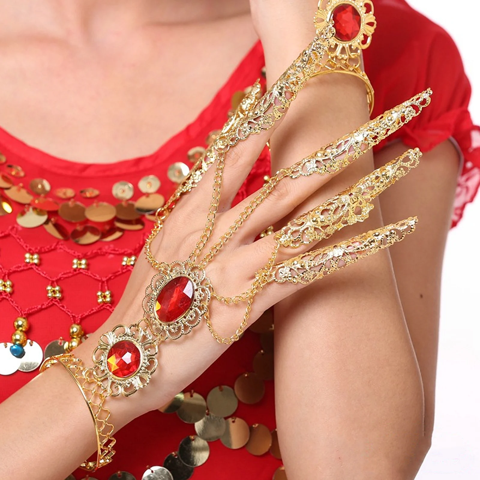 손목 체인이 있는 긴 금색 속이 빈 디자인의 손톱 커버 2개, 무대 공연 코스프레 장식용 손가락 끝 장식