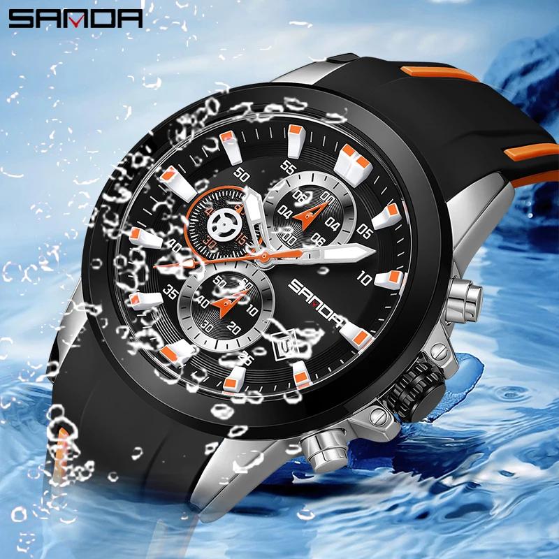 SANDA Sport Analog Quartz Watch for Men Fashion Waterproof Chronograph Wristwatch with Blue Silicone Strap Auto Date Luminous