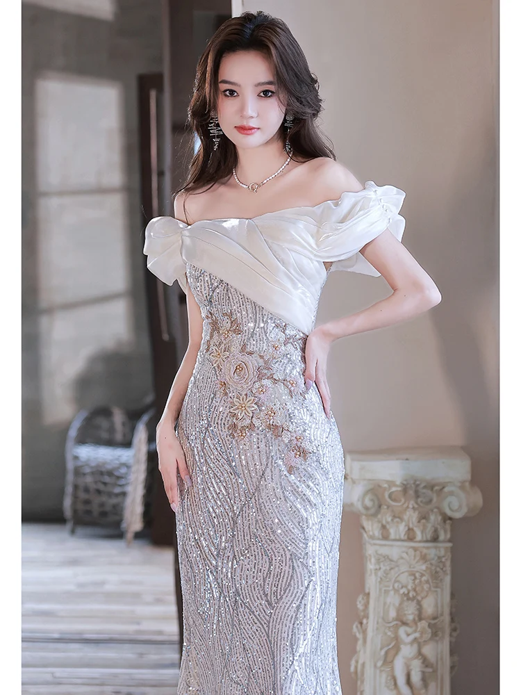 Off Shoulder Evening Dress Women Temperament Sequins Light Luxury Sexy Party Vestidos Celebrity Banquet Shiny Fishtail Dresses