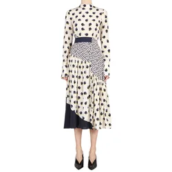 New Patchwork Women Dot Print Dress Long Sleeve Stand Collar A-Line Dresses