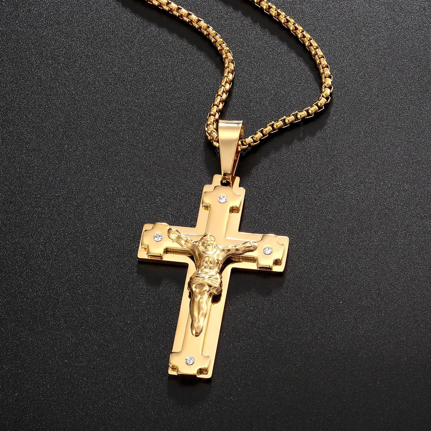 Big Jesus Christ Cross Pendant Dropshipping Gold Color Stainless Steel Christian Amulet Necklace for Men Religious Jewelry Gift