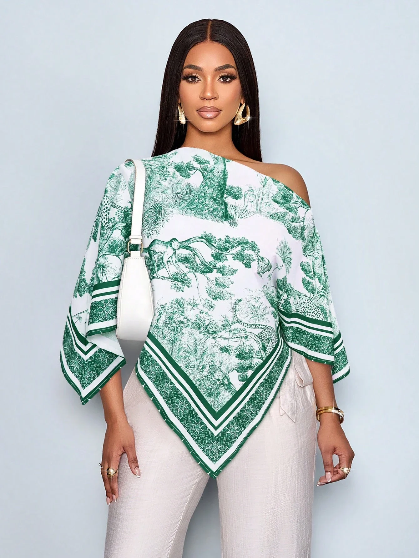 

Women's Asymmetric Neck Batwing Sleeve Blouse Vintage Jungle Print Casual Top