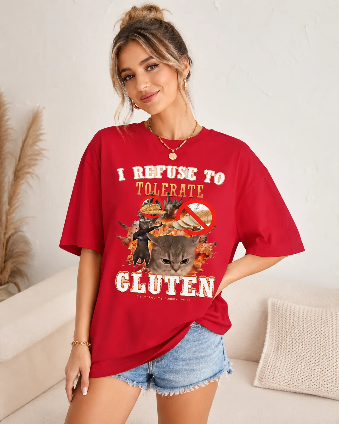 Funny I Refuse To Tolerate Gluten Cat Model T-shirt Women Fashion T-shirt Casual Round Neck T-shirt Women Short Sleeved T-shirt