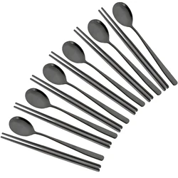 Drmfiy Western 6Set Black Dinnerware 304 Stainless Steel Tableware Long Handle Spoons Chopsticks Metal Korean Silverware Set