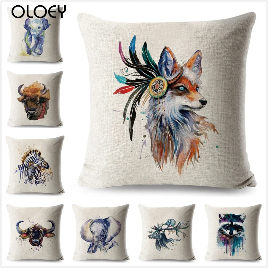 Watercolor Fox Elephant Cushion Cover Decorative Colorful Deer Cartoon Animals Pillowcase for Sofa Home Polyester Pillow Case