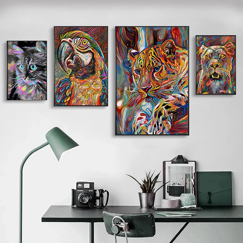 Abstract Watercolour Lion Tiger Cat Canvas Art Posters and Prints Colourful Animals Wall Painting for Room Decoration Picture