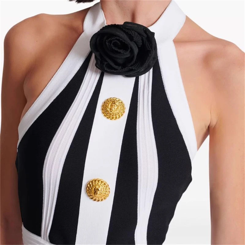 y2k High Quality Women\'s Halter NeckBackless Knitted Dress Summer New Fashion High Street Striped Metal Button A-Line Mini Skirt